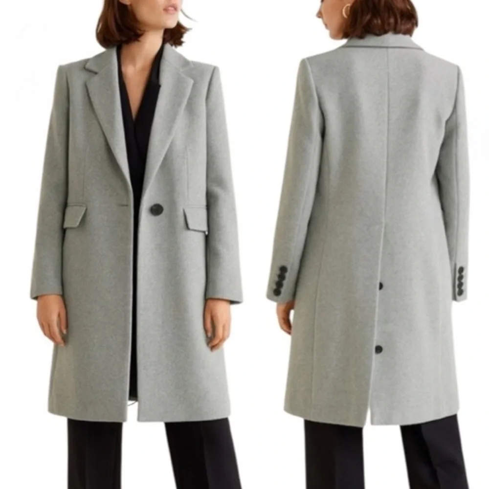 Mango MNG heather gray wool blend one button business classic tailored pea coat